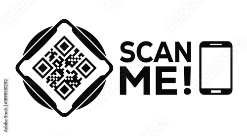 Black and white QR code with bold "SCAN ME!" text and smartphone icon, designed for modern marketing, digital access, and mobile interaction on a clean white background.