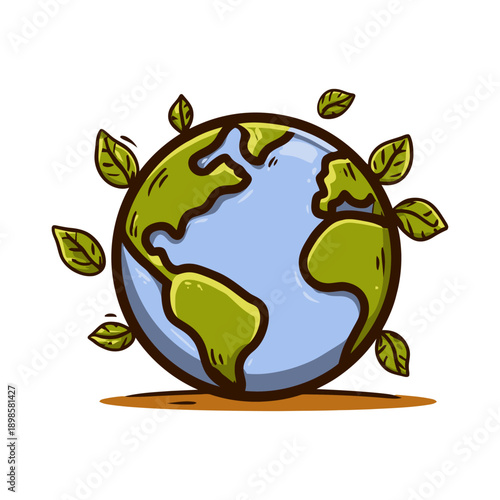 Vibrant Cartoon Earth Surrounded by Fresh Green Leaves for Ecology