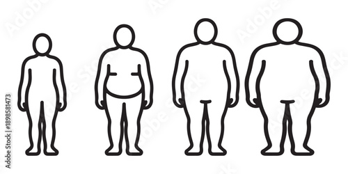 Silhouettes of people showing weight gain progression, slim to obese figures, isolated on white background.