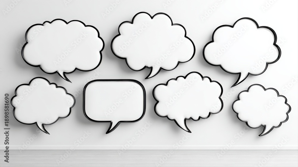 Fototapeta premium Collection of Blank Speech Bubbles on a White Wall: Communication, Discussion, and Idea Concept
