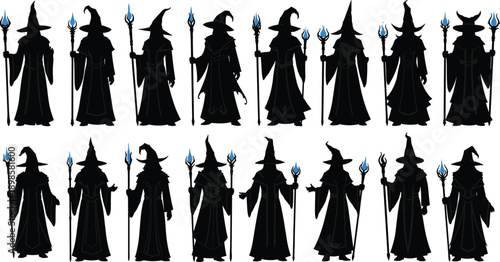 Fantasy wizard silhouette set featuring magical sorcerers holding staffs with glowing flames, dark mage characters collection for game, myth, and fantasy vector illustration