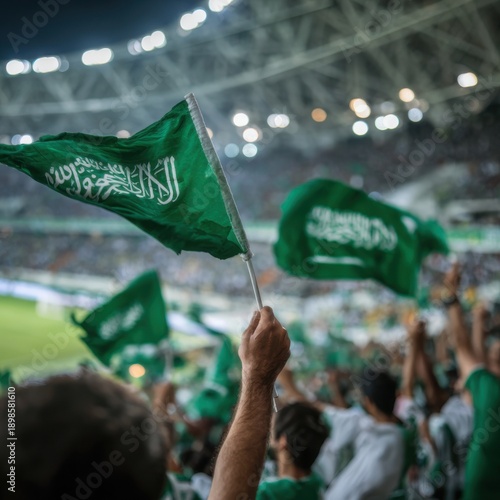 Fans wave green flags in a stadium during a sports event in Saudi Arabia around evening time