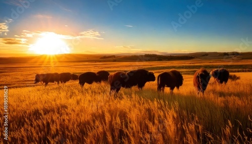 Bison herd silhouetted against a vibrant sunset in a golden field.