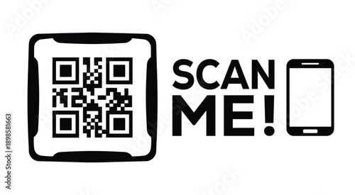 Black and white QR code with bold "SCAN ME!" text and smartphone icon, designed for modern marketing, digital access, and mobile interaction on a clean white background.