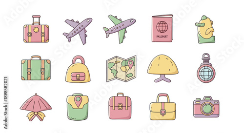 Travel icons suitcases planes and maps