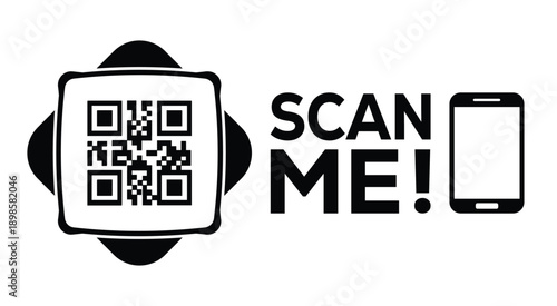 Black and white QR code with bold "SCAN ME!" text and smartphone icon, designed for modern marketing, digital access, and mobile interaction on a clean white background.