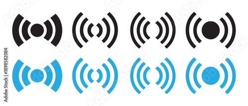 Set of Wireless Signal Icons. Black and Blue Broadcast Waves, Network Connectivity Symbols isolated on white background.
