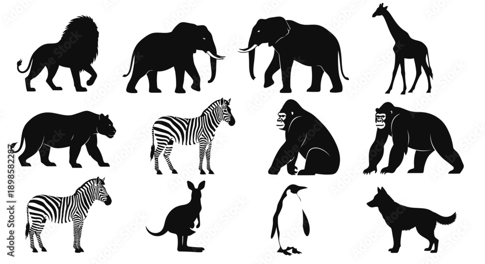 Obraz premium Collection of diverse animal silhouettes featuring african wildlife and more