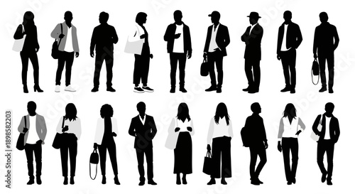 Diverse silhouettes of standing men and women in casual and business attire
