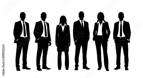 Silhouettes of six business professionals standing together in formal attire