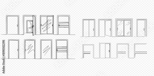 Set of hand-drawn doors, including open, closed, sliding, and double door designs, perfect for architectural sketches and interior planning.
