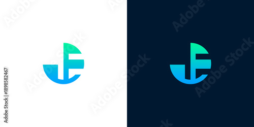Abstract geometric lettermark logo design featuring a vibrant blue-green gradient within a circular shape, presented on both light and dark backgrounds for versatility and modern branding