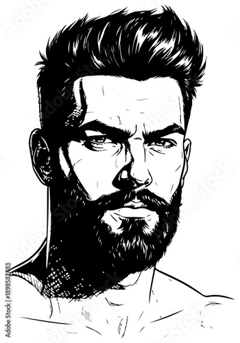 Striking monochrome illustration of a bearded man's intense face, a captivating line drawing showcasing strong masculine features and a serious, focused gaze