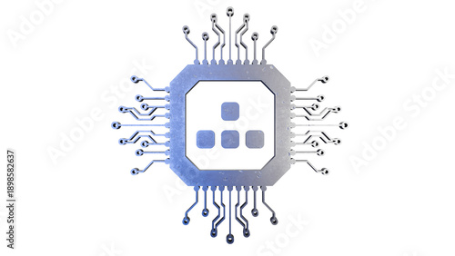 Metal 3d illustration of microcircuits chip, on transparent background