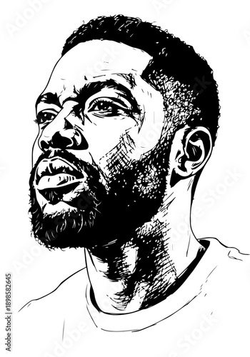 Detailed black and white drawing of a man's expressive face, showcasing his determined gaze and intricate beard texture in a striking portrait illustration