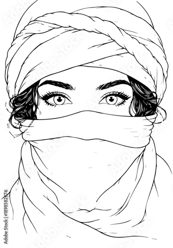 Intriguing portrait drawing of a mysterious woman's face with expressive eyes, adorned in a traditional headscarf, a captivating line art illustration
