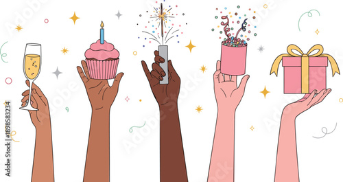 Diverse hands holding party items illustration with champagne cupcake sparkler confetti and gift box for celebration design