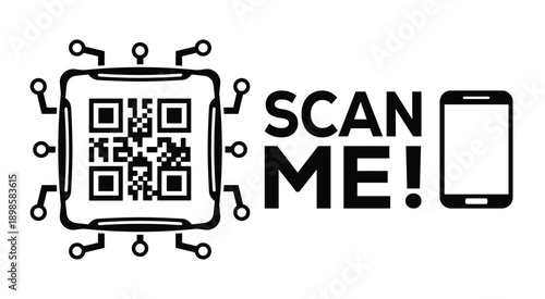Black and white QR code with bold "SCAN ME!" text and smartphone icon, designed for modern marketing, digital access, and mobile interaction on a clean white background.