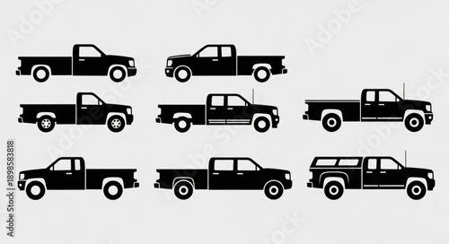 Collection of Black Pickup Truck Silhouettes on White Background.