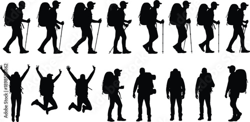 Hiker backpacker silhouette collection showing trekking, walking, jumping and standing poses, outdoor adventure traveler people vector set isolated on white background