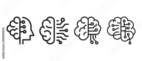 Artificial Intelligence Brain Icons Set. Representing Digital Mind, Machine Learning, and Neural Networks.