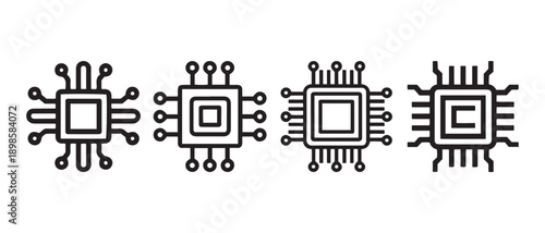 Black Line Art Microchip Icons Representing Computer Processors and Modern Digital Technology Innovation.
