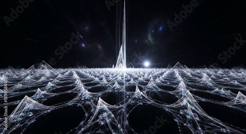 Glowing white fractal landscape with pointed structures rising against a dark night sky with stars