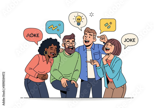Diverse group of friends laughing together sharing jokes and ideas.