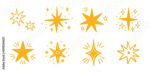 Boho doodle cute hand drawn yellow star set. Star element gold magic symbol decoration collection