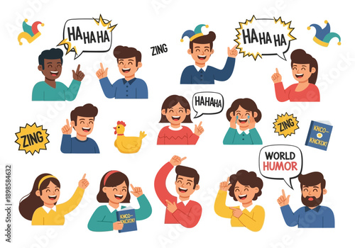 Diverse group of people laughing and expressing joy and humor.