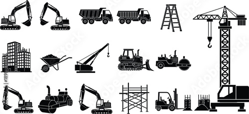 Construction equipment silhouettes collection, excavators cranes dump trucks scaffolding machinery, industrial building tools black vector illustration set isolated on white background