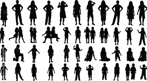 Children silhouettes collection, boys and girls standing sitting playing poses, childhood activities black vector illustration set isolated on white background for design use