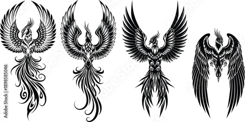 Phoenix bird silhouettes collection, mythical firebird with wings spread, tribal fantasy designs, black vector illustration set isolated on white background for tattoo and logo use