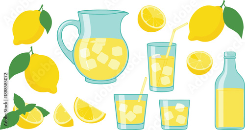 Fresh lemonade drink illustration set with lemon fruits, slices, pitcher, glasses and summer refreshing beverage elements