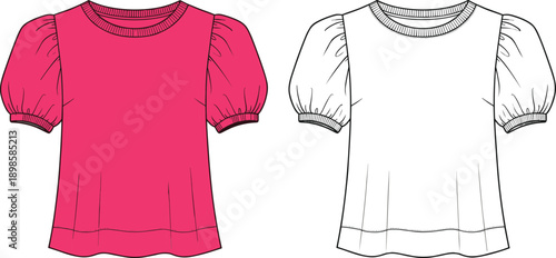 Women puff sleeve blouse illustration set, pink and white short sleeve top design, fashion apparel vector artwork isolated on white background