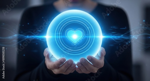Glowing blue heart in hands, futuristic technology concept, neon light effect, heart-shaped energy