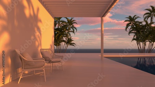 Geometric arched white wall with layered cutouts and shadows of palm tree branches. 3D architectural background. Design for banner, poster, wallpaper, and header.