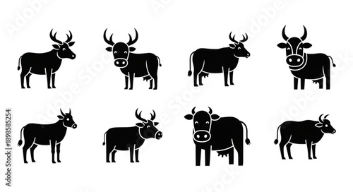 Collection of Black Silhouette Icons Representing Different Cows.
