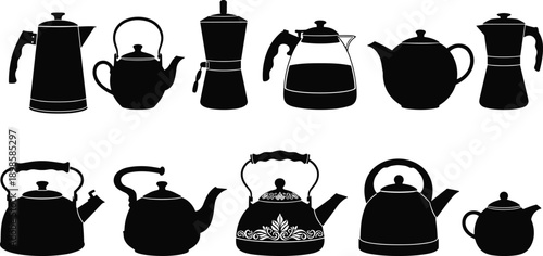 Kitchen teapot and kettle silhouettes collection, coffee and tea brewing utensils, black vector illustration set isolated on white background for design use