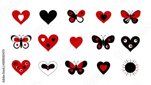 Colorful red and black heart and butterfly icons on white background with flat design