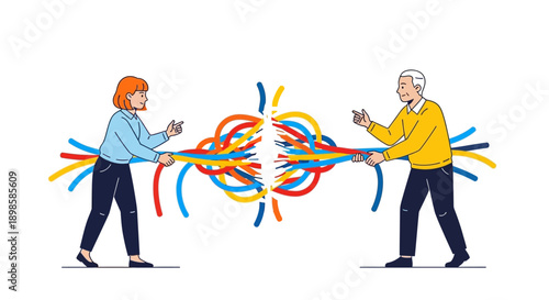 Relationship Conflict: Business People Pulling Apart Tangled Cables. Problem Solving, Communication Breakdown, and Dispute Resolution Concept.