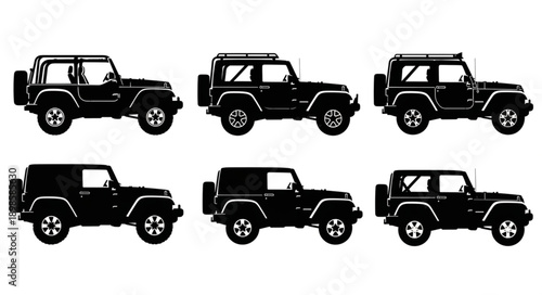 Collection of black silhouette off road vehicles.