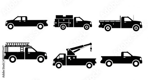 Collection of Black Silhouette Pickup Trucks and Utility Vehicles.