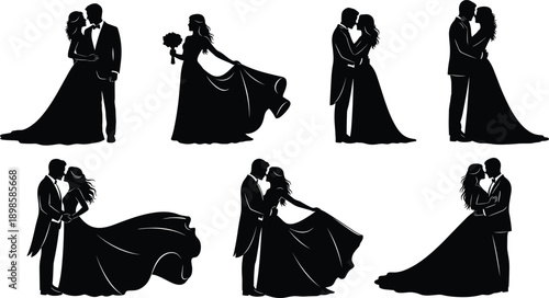 Elegant wedding couple silhouettes collection, bride and groom romantic poses, black vector illustration set isolated on white background for design and print use