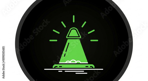 Green warning light icon with rays on black background symbolizing caution and alertness in technology and safety applications