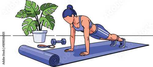 Woman Doing Pushups on Yoga Mat with Weights and Plant at Home