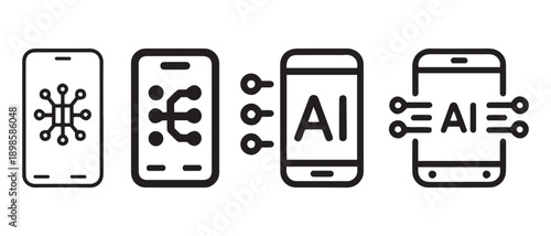 Artificial Intelligence Icons. Integration in Mobile Devices: Progressive AI Data Processing on Smartphone Screens.