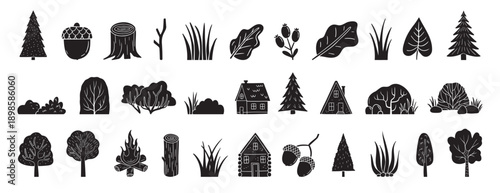 Scandinavian boho forest silhouette isolated elements. mystical and elegant collection various plants forest. Trees, bush, grass, logs, leaves