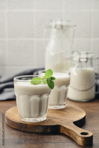 Two glasses of Turkish traditional drink ayran, kefir or buttermilk