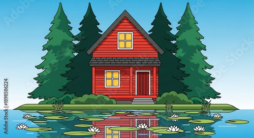 Cozy red cabin by serene lake with lily pads and tall pine trees